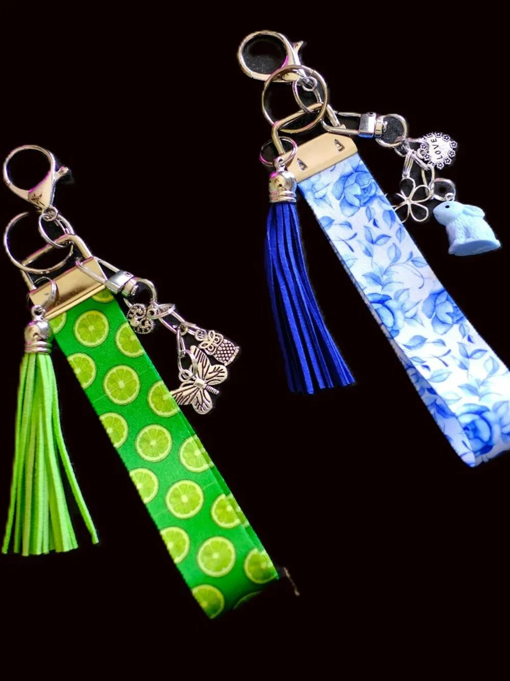 Handmade Lanyard Wristlet Keychain, charms, bag, key, gift, lime, green, blue